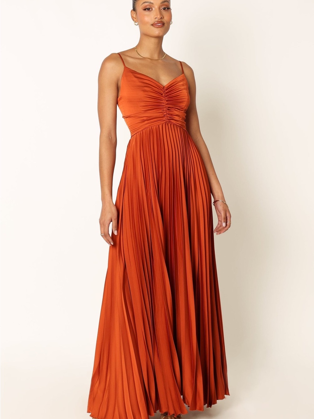 Petal & Pup Burnt Orange Pleated Spaghetti-Strap Maxi Dress